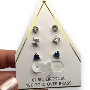 NEW Macy's Set of 3 Stud Earrings Cubic Zirconia clear blue 18K Gold over brass